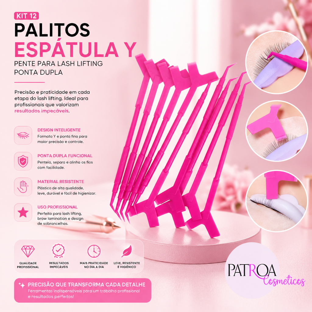 Kit 12 Palitos Espátula Y Pente Para Lash Lifting Ponta Dupla