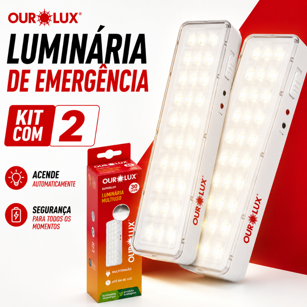 Kit 2 Lâmpada De Emergência Luminária Multiuso 30 Leds Recarregável Portátil Forte Ourolux