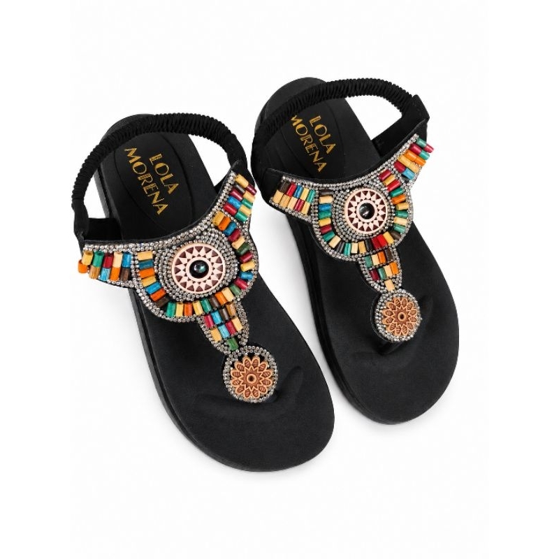 Sandália Feminina Indiana Lola Morena Strass Miçangas Coloridas Confortável Casual 35 ao 40