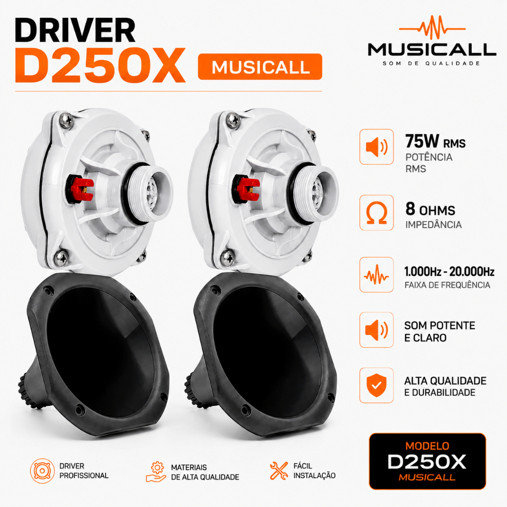 2 Corneta Curta +2 Capacitor + 2 Driver D 250x Musicall 200w Automotivo Som Profissional Residencial Caixa Trio e Selada