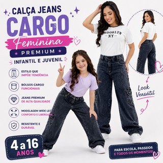 Calça Jeans Cargo Feminina Premium Infantil e Juvenil Calça Jeans Grafite Com Bolsos Para…