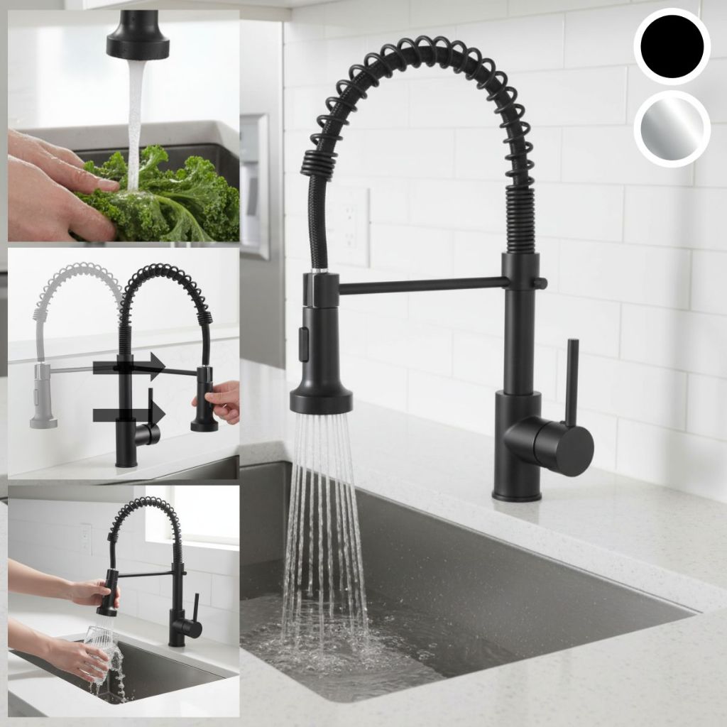 Torneira De Cozinha Mola Extensível Giratória 360º Com Mola Monocomando Instalação Bancada Prata/Preta