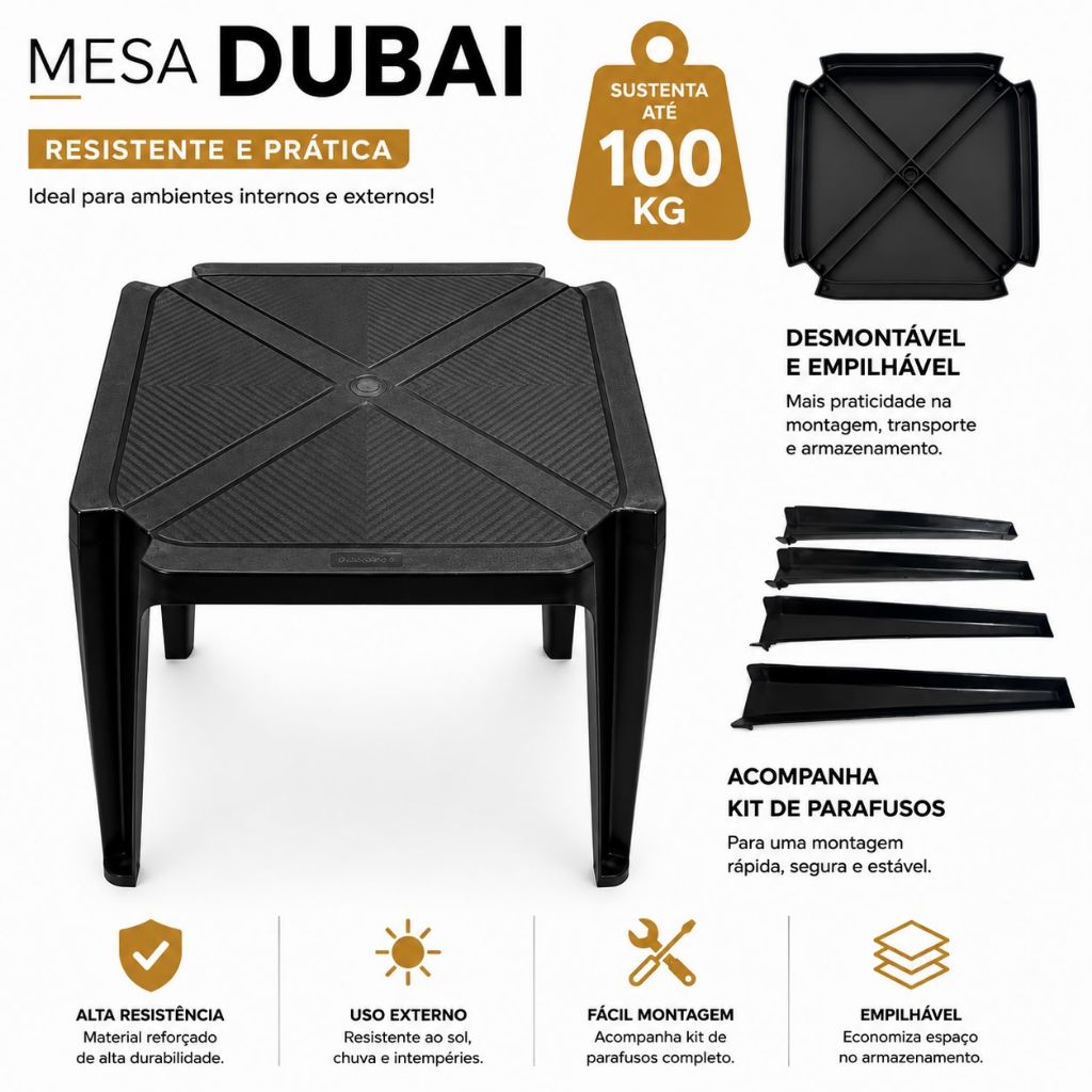 Mesa De Plástico Quadrada Desmontavel Preta 70X70 Para Áreas de Lazer de Churrasco Suporta 100kg