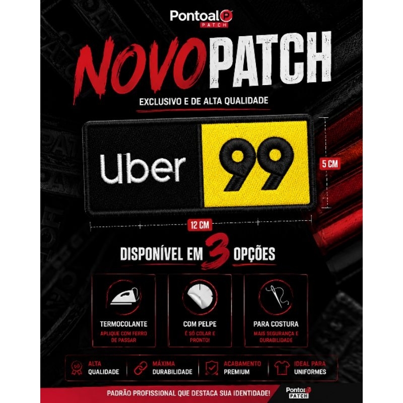 PATCH BORDADO UBER E 99 PATCH BORDADO MOTORISTA DE APLICATIVO COM TERMOCOLANTE PSTCH BORDADO VELCRO PATCH IDENTIFICAÇÃO