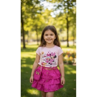 🌸🎀👑 Conjunto Menina (Saia + Blusa + Cinto + Bolsinha) Conjunto Infantil Feminino Saia Blusa Cinto e Bolsinha Fashion