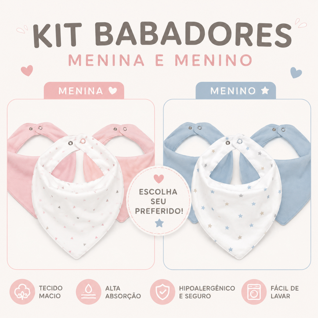 Kit C/3 Babador Bandana de Bebê 100% Algodão 23cm x 18cm - Sortidas