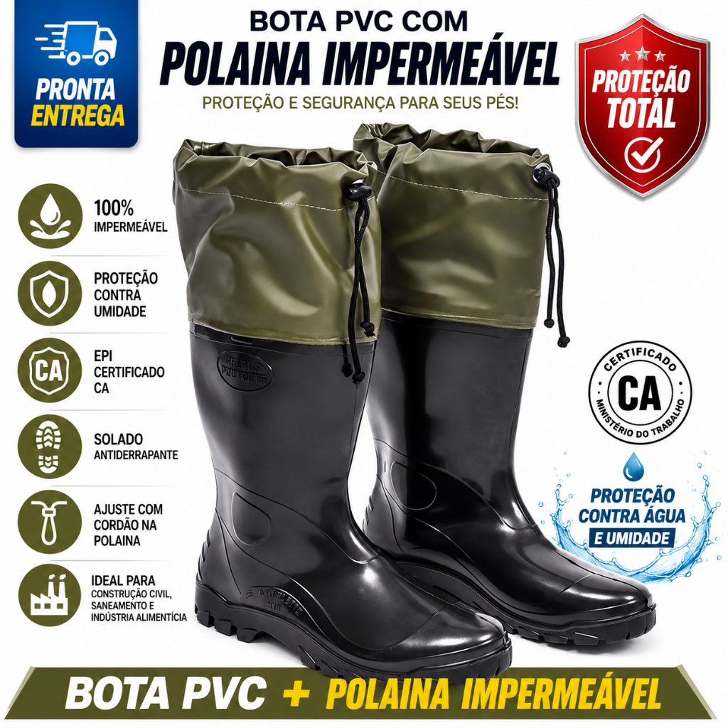 Bota PVC Com Polaina Impermeável Vértice EPI CA