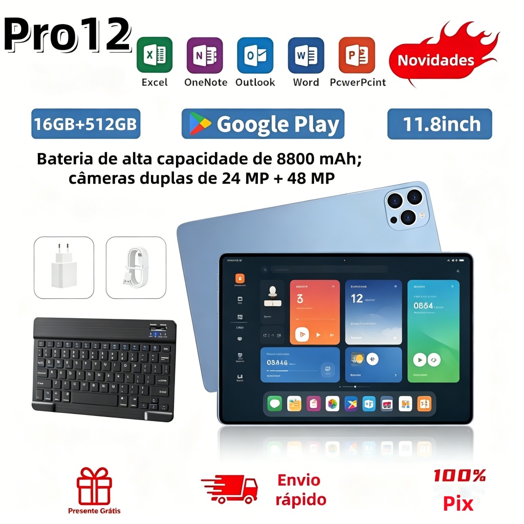 [Teclado e mouse gratuitos] Tablet Pad Pro12 Max tela HD de 11,6 polegadas 8800mAh 12GB + 512GB dual SIM dual