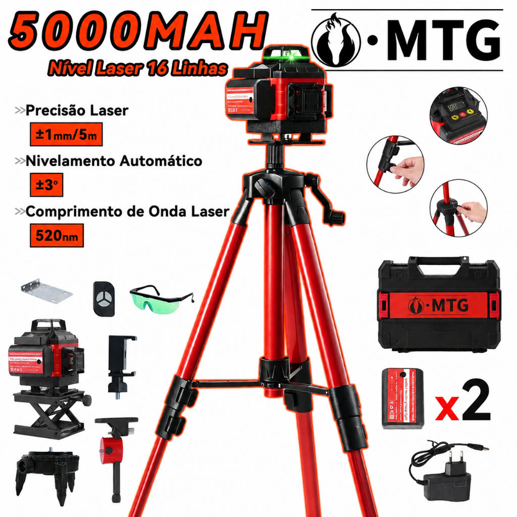 Nível a Laser Ajustável Medição da Linha Com 2 Baterias Kit Completo com Tripé Maleta e Óculos