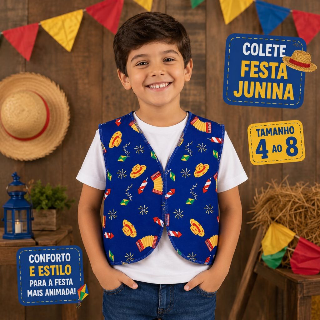 Colete Infantil Temático De Festa Junina Menino São João Fantasia Arraial Roupa Caipira
