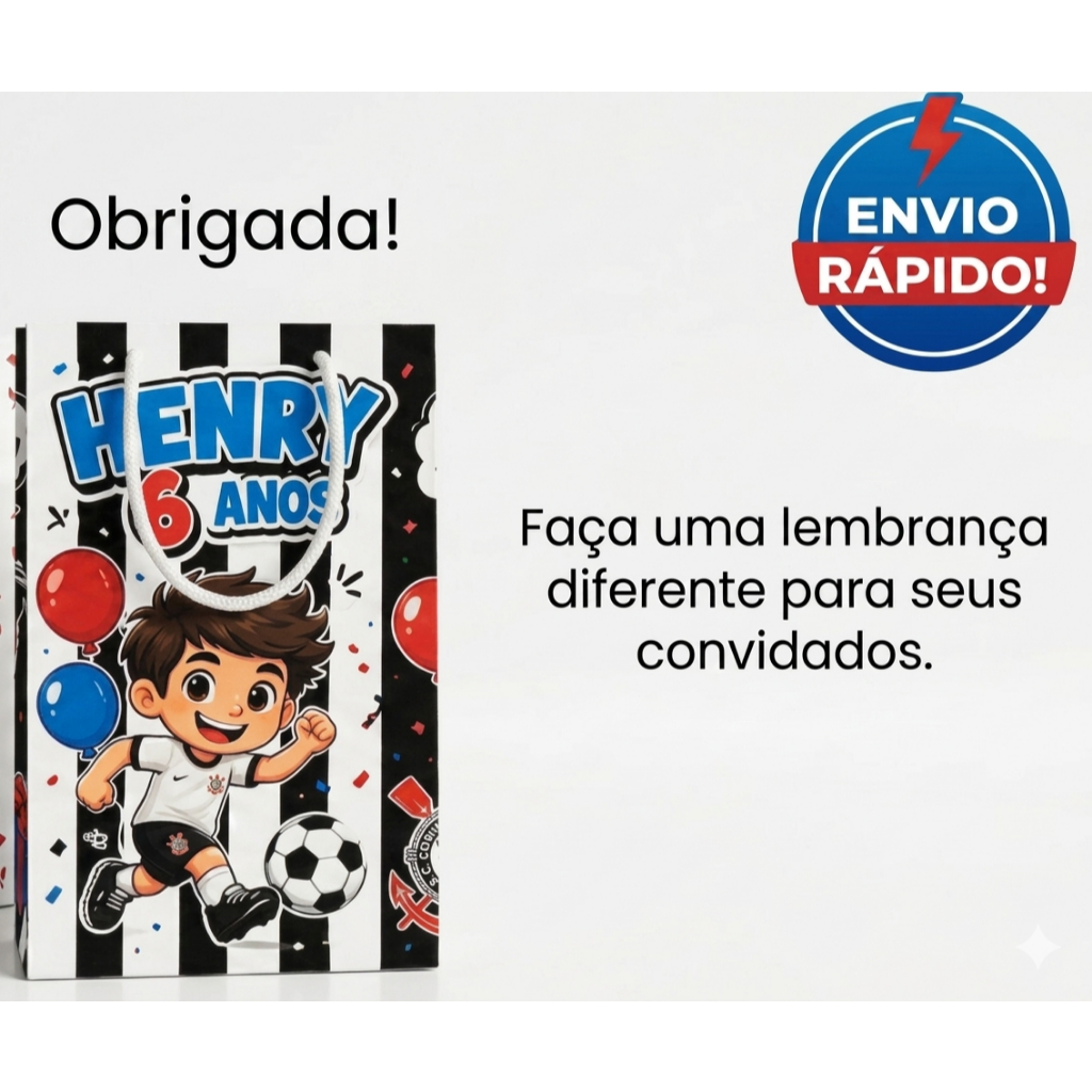10 ou 20 Sacolinhas Corinthians Infantil Personalizada com Nome e Idade | Lembrancinha Festa Aniversário