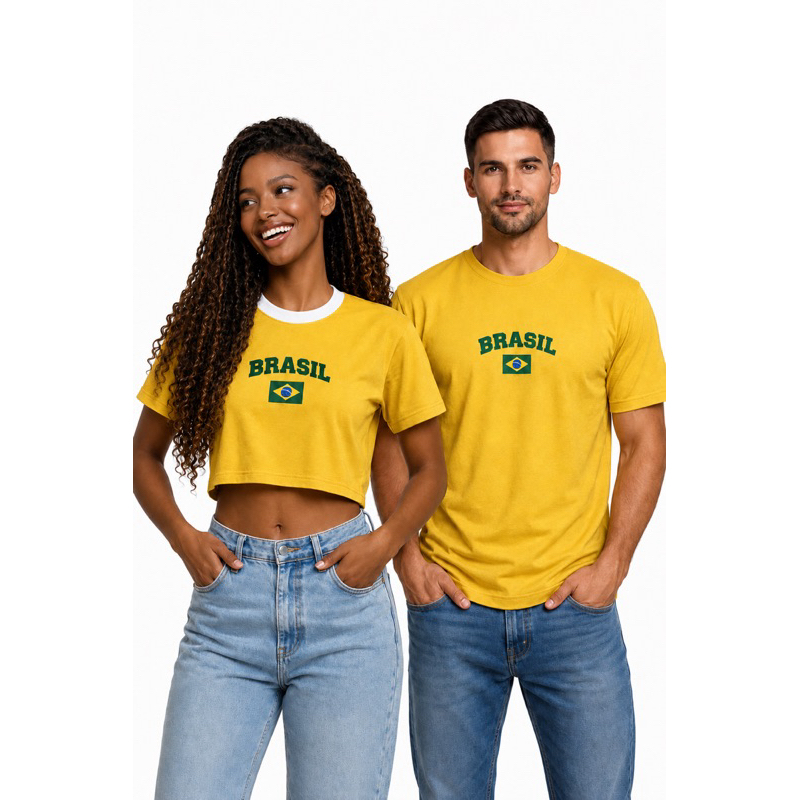Kit Camiseta Masculina do Brasil e Crooped Feminino do Brasil Copa Casal Presente Dias dos Namorados