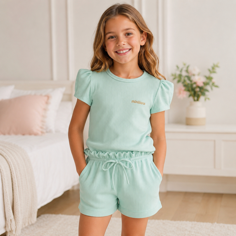 Conjunto Ribana Infantil Feminino Blusa + Short Canelada Verão Conforto