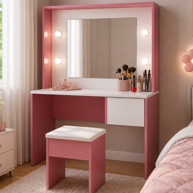 Penteadeira Infantil Diana com Espelho LED com Gaveta e Banqueta Rosa MDF 15mm Ofertamo