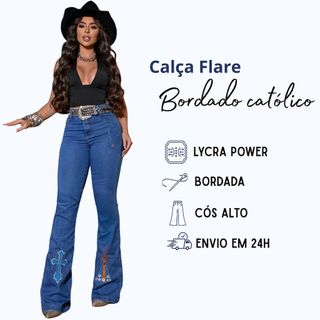 Calça Country Jeans Feminina Bordada Empina Bumbum Cintura Alta Boiadeira