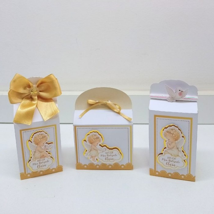 Kit Caixinhas Personalizadas Batizado Dourado Anjinha |Lembrancinhas Prontas para Batismo com laço e aplique