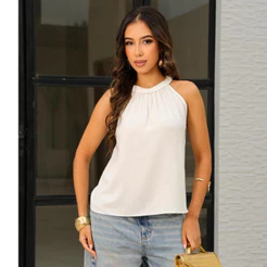 Blusa Regata Feminino Gola Alta em Tecido Viscolinho lisa Elegante Casual com Botão atrás