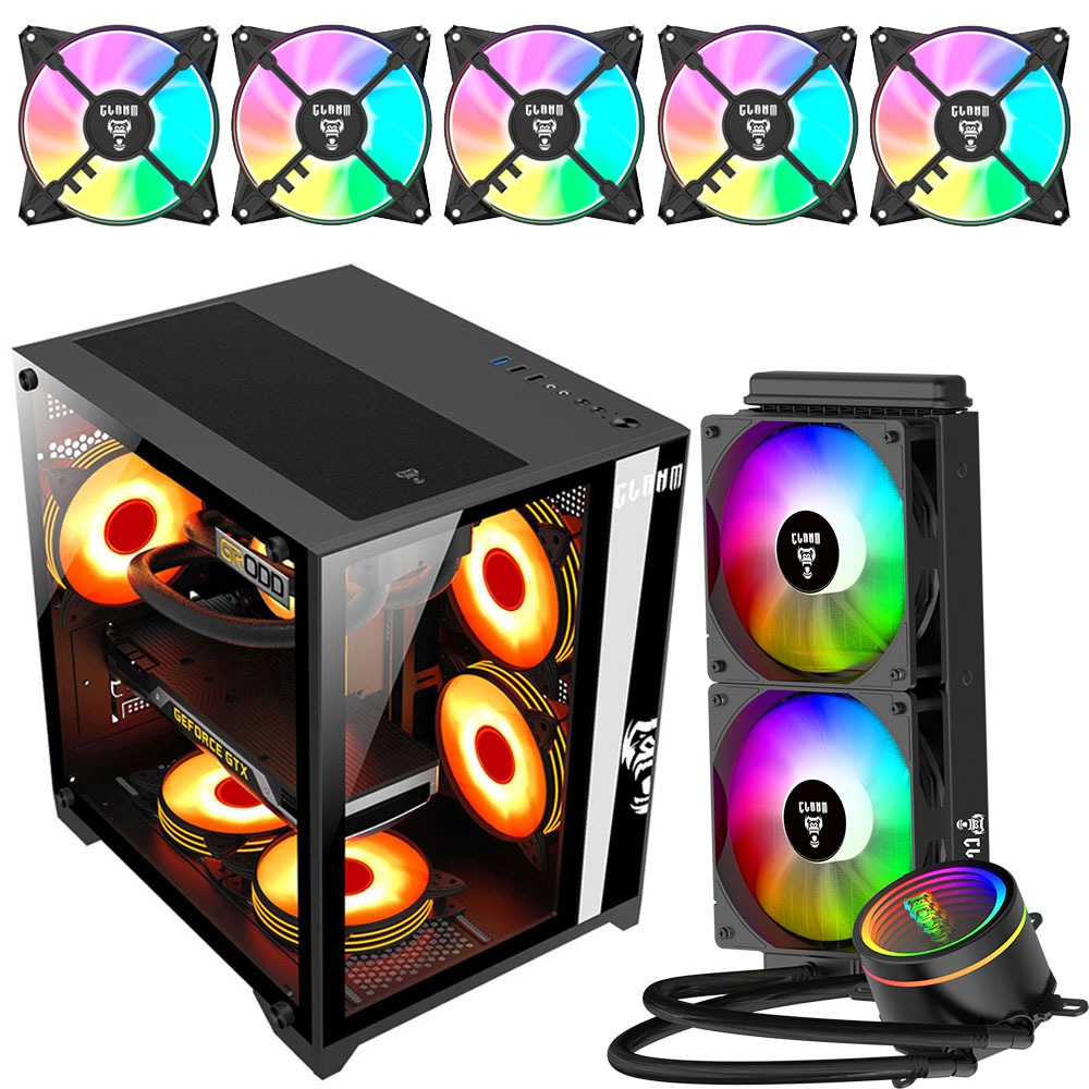 Kit Gabinete Gamer Clanm Grodd Night Mid Tower Vidro + 5 Fans RGB + Water Cooler Cryos 240mm Preto