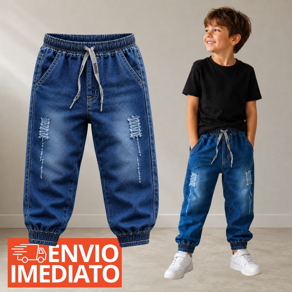 Calça Jogger Jeans Infantil Com Cordão Elástico Sarja Confortável Menino