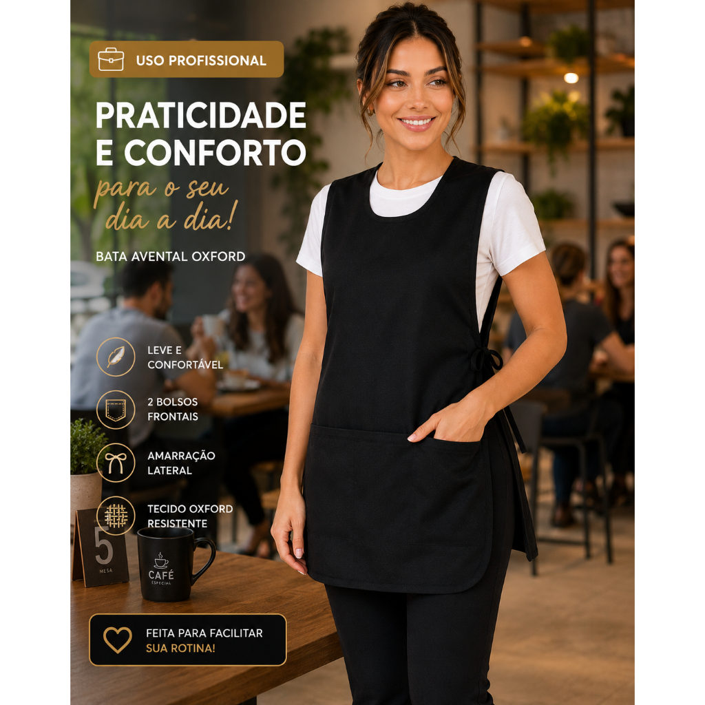 Bata Avental Jaleco Frente e Costas Tiras Ajustáveis na Lateral Uniforme Profissional Doméstica Cozinheira Babá Bolsos