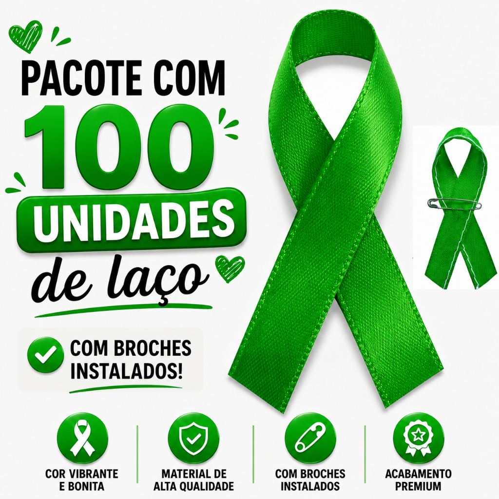 Laço campanha junho verde 100un sobre o cancer de rins e proteção ao meio ambiente