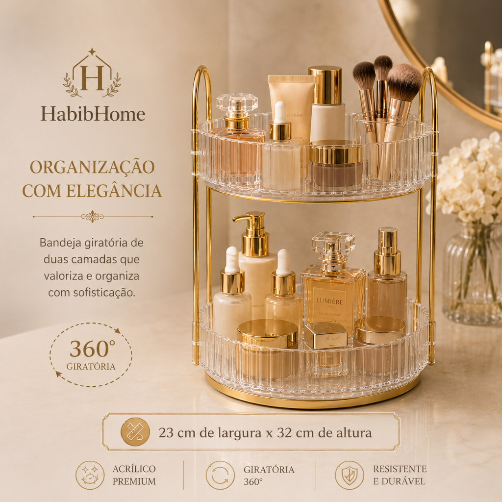 ✨ Organizador de Maquiagem e Skincare 2 Andares–Acrílico Premium + Rotação 360° Dourada/ Prata/Fume