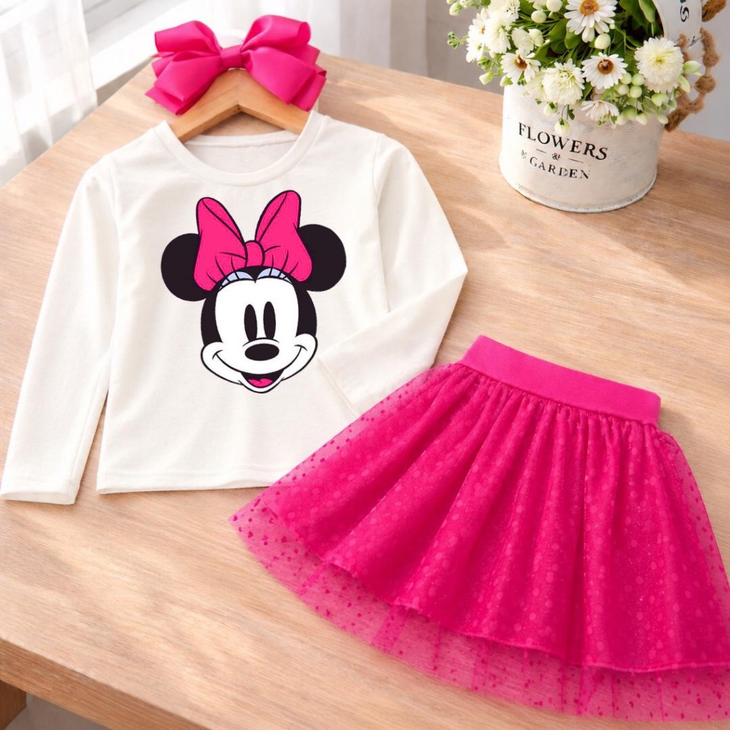 Conjunto Infantil Menina Estilo Bonequinha Blusa Expressões Divertidas Tule Rosa Brilhante minneii meia estação feminina