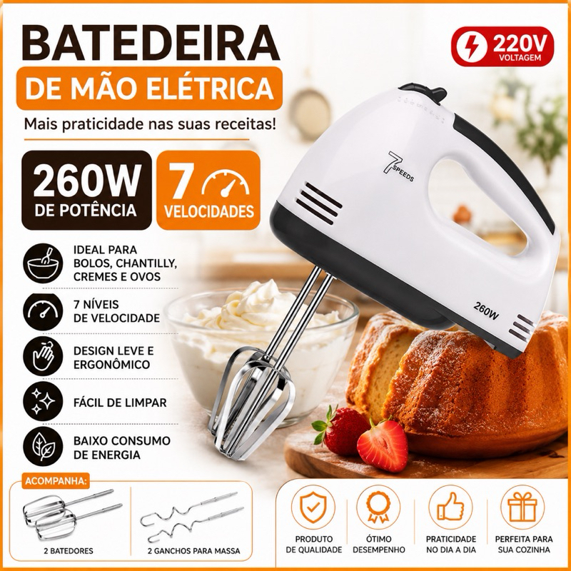 Batedeira De Mão Elétrica 260W 7 Velocidades Para Bolo Chantilly Ovos 220V