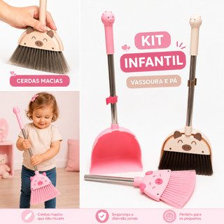 Kit Infantil Vassoura e Pá com Suporte Porquinho Brinquedo Educativo Limpeza Infantil Colorido