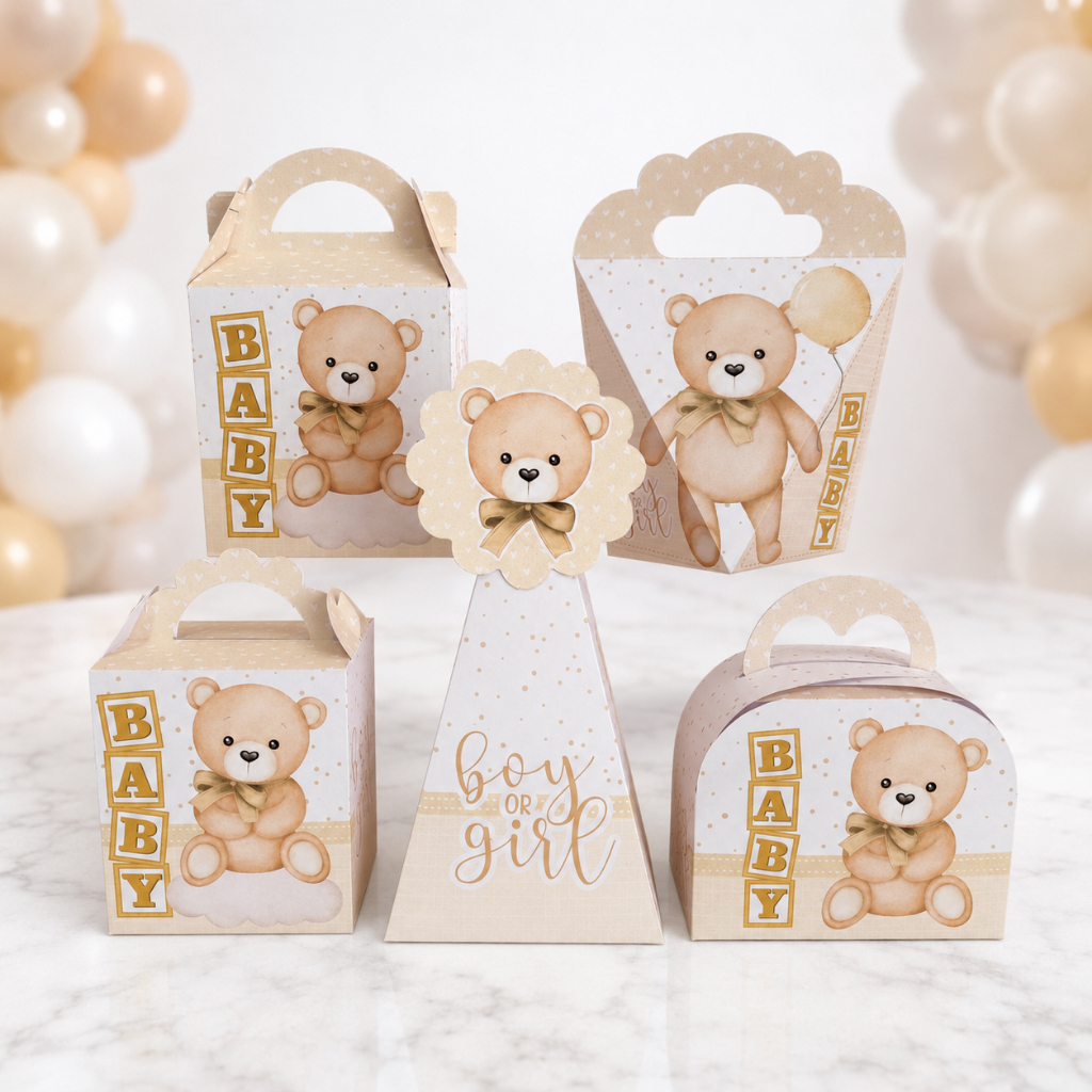 Kit festa caixas Personalizadas Ursinho marrom - Lembrancinhas chá Revelação infantil