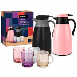 Garrafa Térmica 1Litro Preta ou Rosa com 4Canecas Vidro 190ML Reforçada Segura Temperatura Resistente