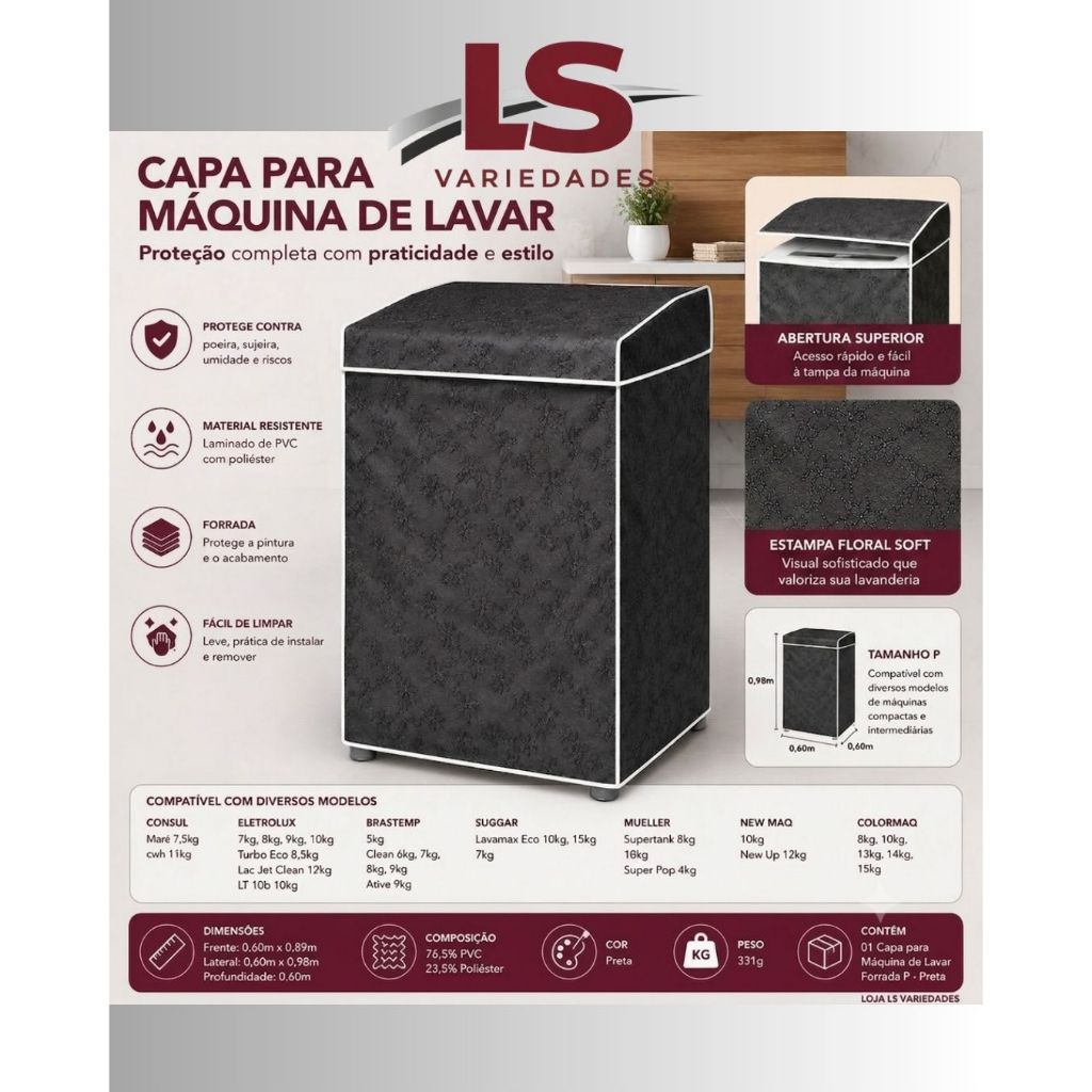 Capa Protetora Máquina De Lavar Forrada Premium Com Zíper varios modelos  Eletrolux, Brastemp, Continental, Panasonic