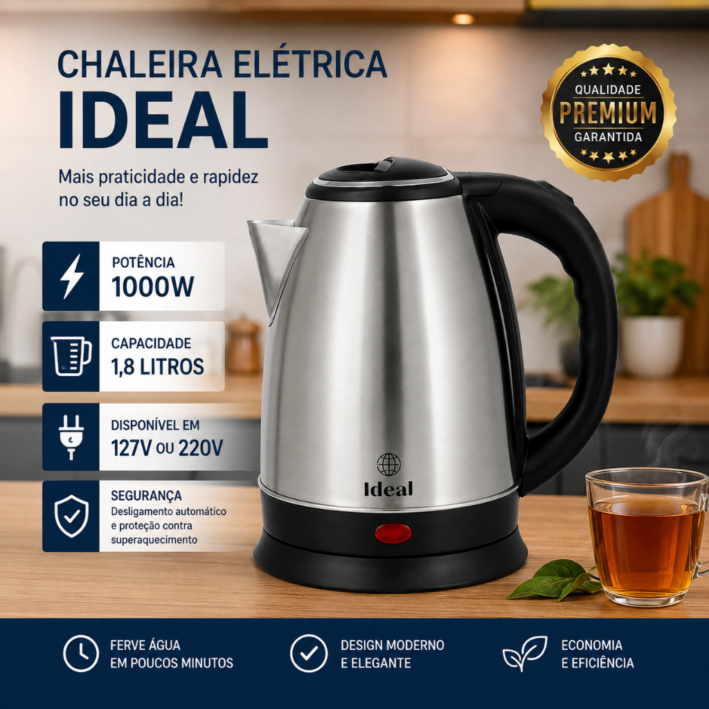 Chaleira Eletrica Inox 1,8 Litros Potencia Desligamento Automático Aquecimento Rápido 110v e 220v