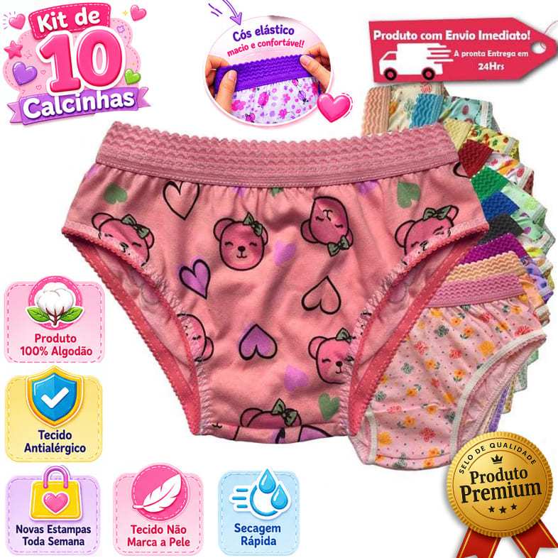 Kit 10 Calcinhas Infantil Estampada Algodão Cós Elástico Menina