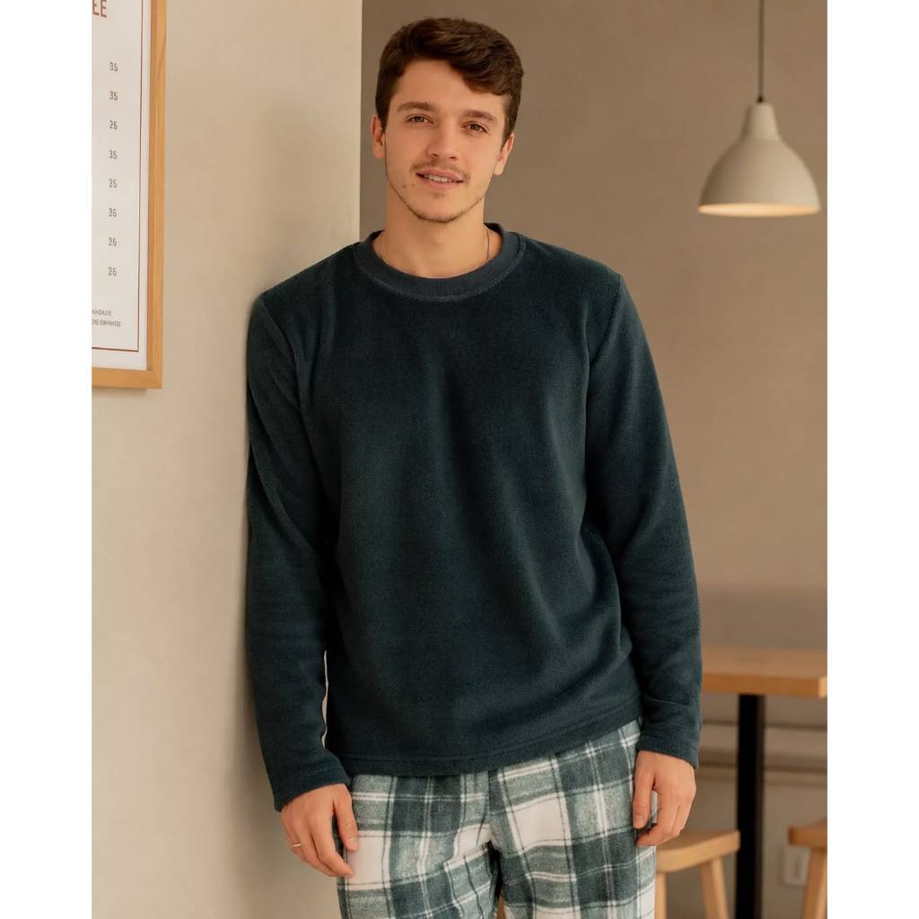 Pijama Masculino de Plush Adulto IDOSO Frio Inverno Longo Flanelado Veludo Fleece quentinho