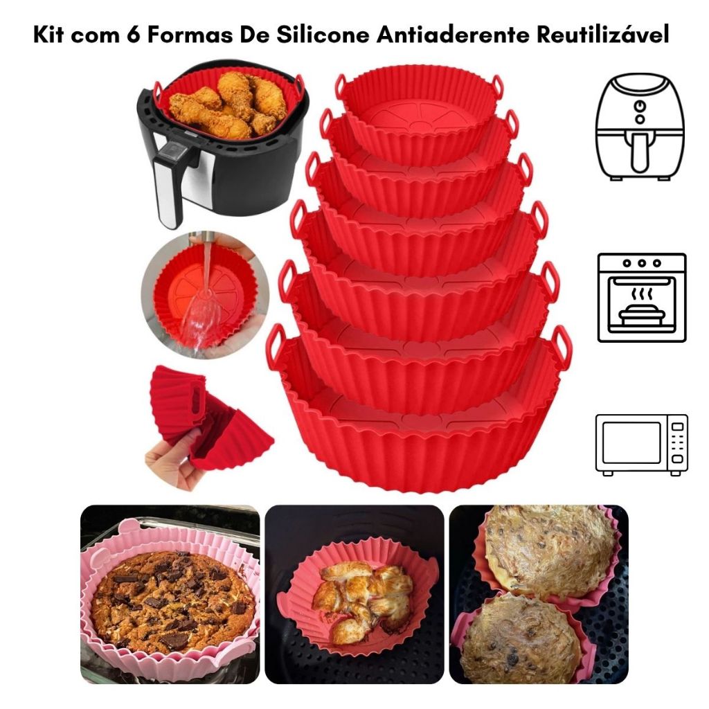 Kit 6 Formas De Silicone Para Air Fryer, Forno e Microondas - Antiaderente Reutilizável Universal