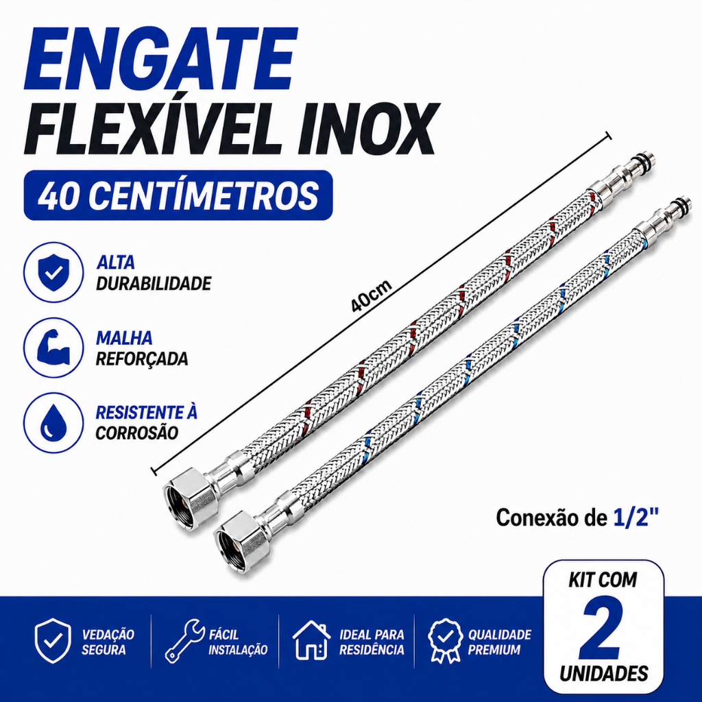 Engate Flexível Inox 40cm para Misturador Monocomando 1/2" | 2 Pares | Malha Reforçada | Alta Pressão