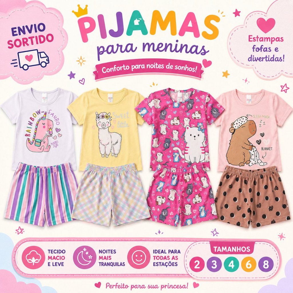 Conjunto Pijama Infantil Feminino – Camiseta + Bermuda