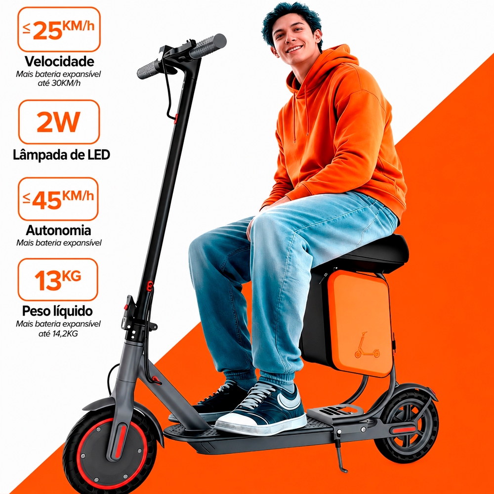 Patinete Elétrico Com Banco Scooter Dobrável Adulto Bateria Lítio Mobilidade Urbana Top 30KM/H