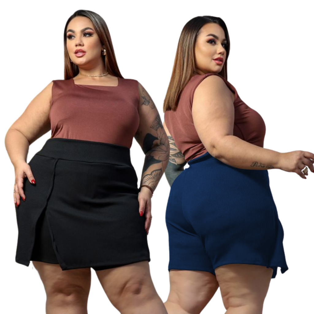 Kit 2 Shorts Saia Plus Size Feminino Cintura Alta Levinho Moda Casual Verão — imagem 2 de 2