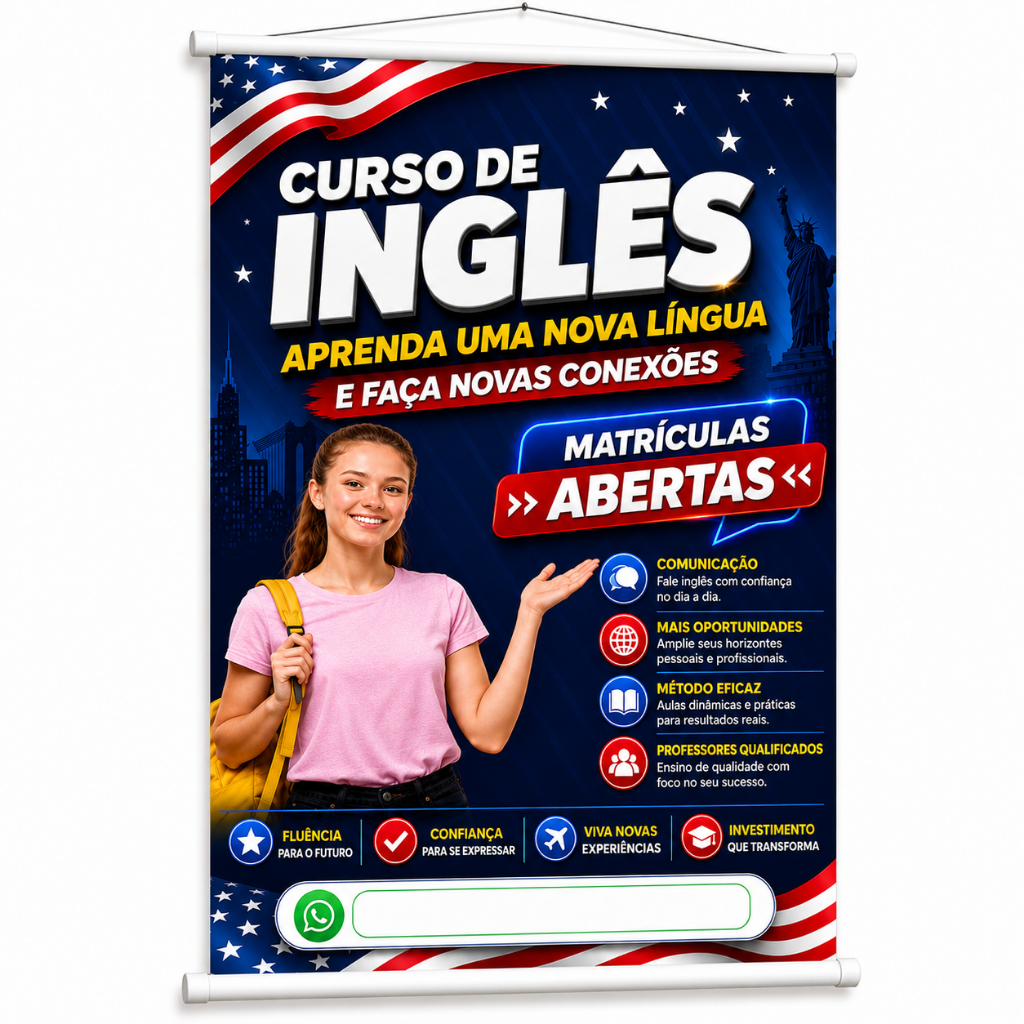 Banner Curso de Inglês produzido em lona. Cartaz Propaganda Divulgação para Escolas de Inglês.
