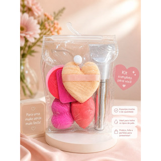 Kit Maquiagem 7 Peças Esponjas + Puff Coração + Pincel Aplicador Beauty Blender