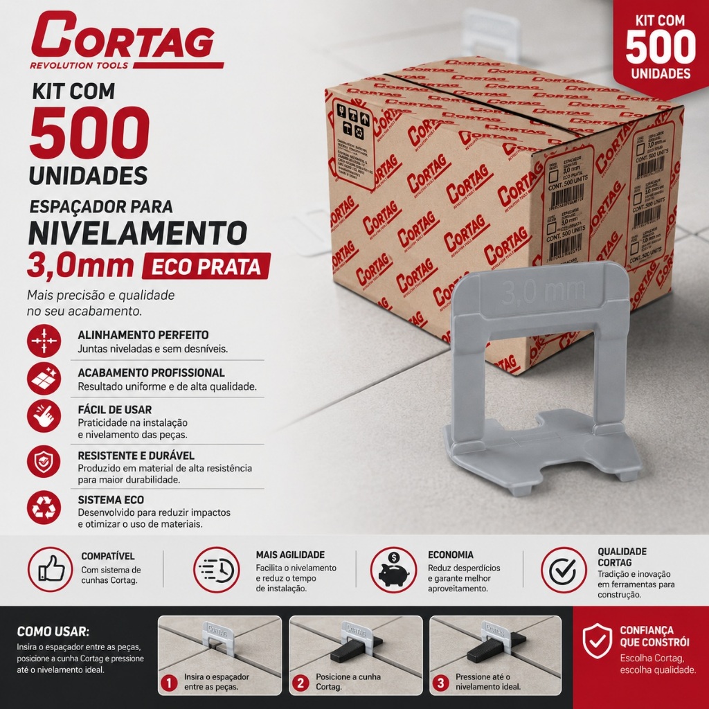 Kit Com 500 Espaçador para Nivelamento Piso 3,0mm ECO Prata Cortag