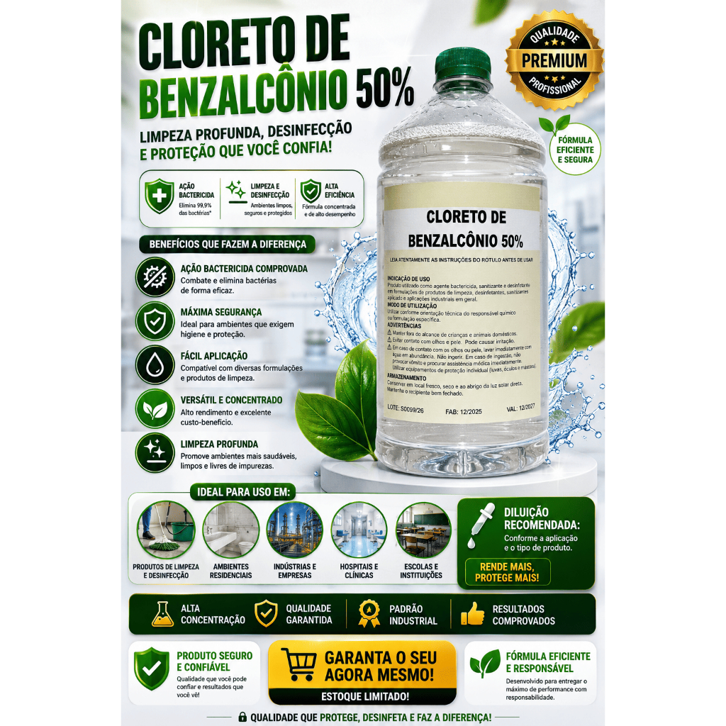 Cloreto de Benzalcônio 50% 1L Bactericida Desinfetante Para Limpa Canil Desinfetante