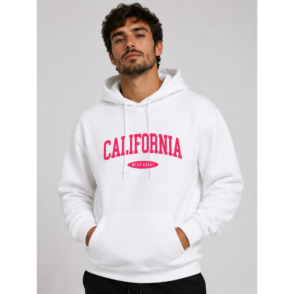 Moletom Masculino Canguru BRANCO Estampa California West Coast Streetwear Premium Oversized Unissex Casual Confortável