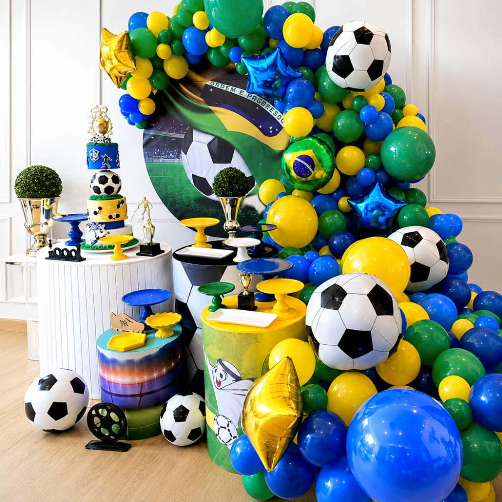 Kit Arco Balão Amarelo + Azul Escuro + Verde + Bola Copa Futebol