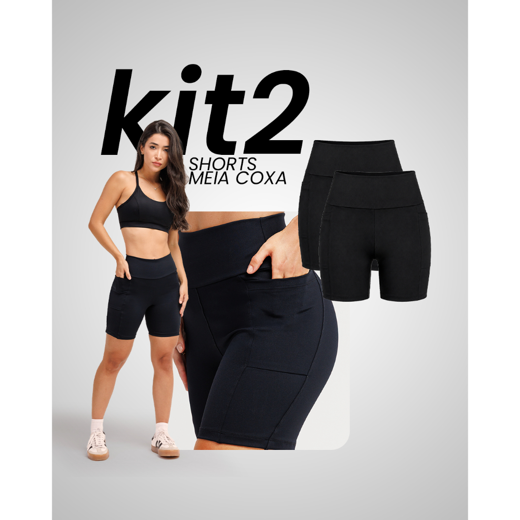 Kit 2 Shorts Meia Coxa Bermuda Feminina  com Bolso Corrida Compressão Zero Transparência Fitness Academia Treino