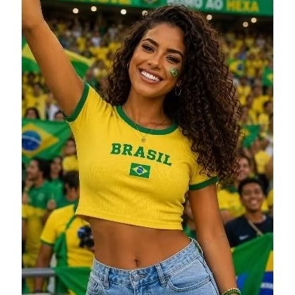 Cropped Canelado Feminina do Brasil  Algodão Premium Copa Do Mundo Confortável Versátil Ferminina Tee.