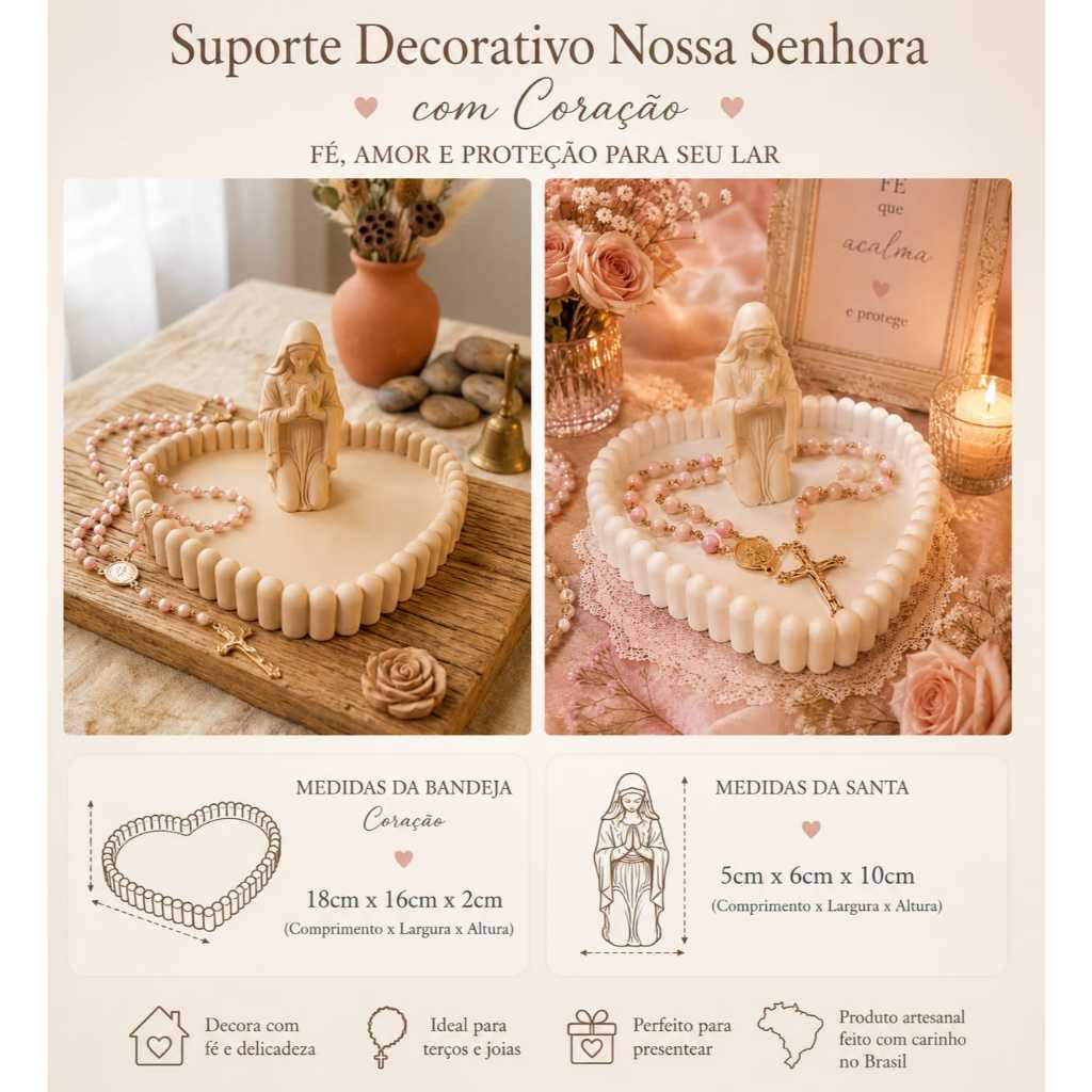 Nossa Senhora, porta terço, bandeja coração, decoração religiosa, presente católico,imagem religiosa, suporte para terço