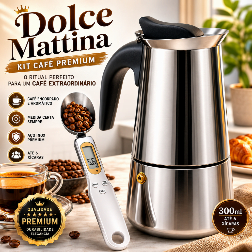 Cafeteira Italiana Inox 300ml Kit Colher Balança Digital Café Expresso 6 Xícaras Moka